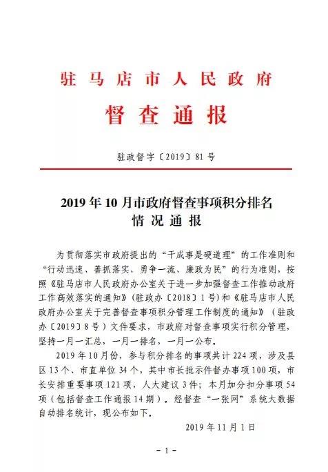 2019年10月市政府督查事項(xiàng)積分排名情況通報(bào)