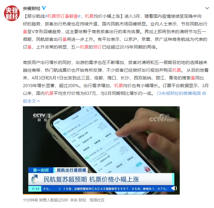 部分航線機票預訂量翻番！國內(nèi)民航市場回暖明顯