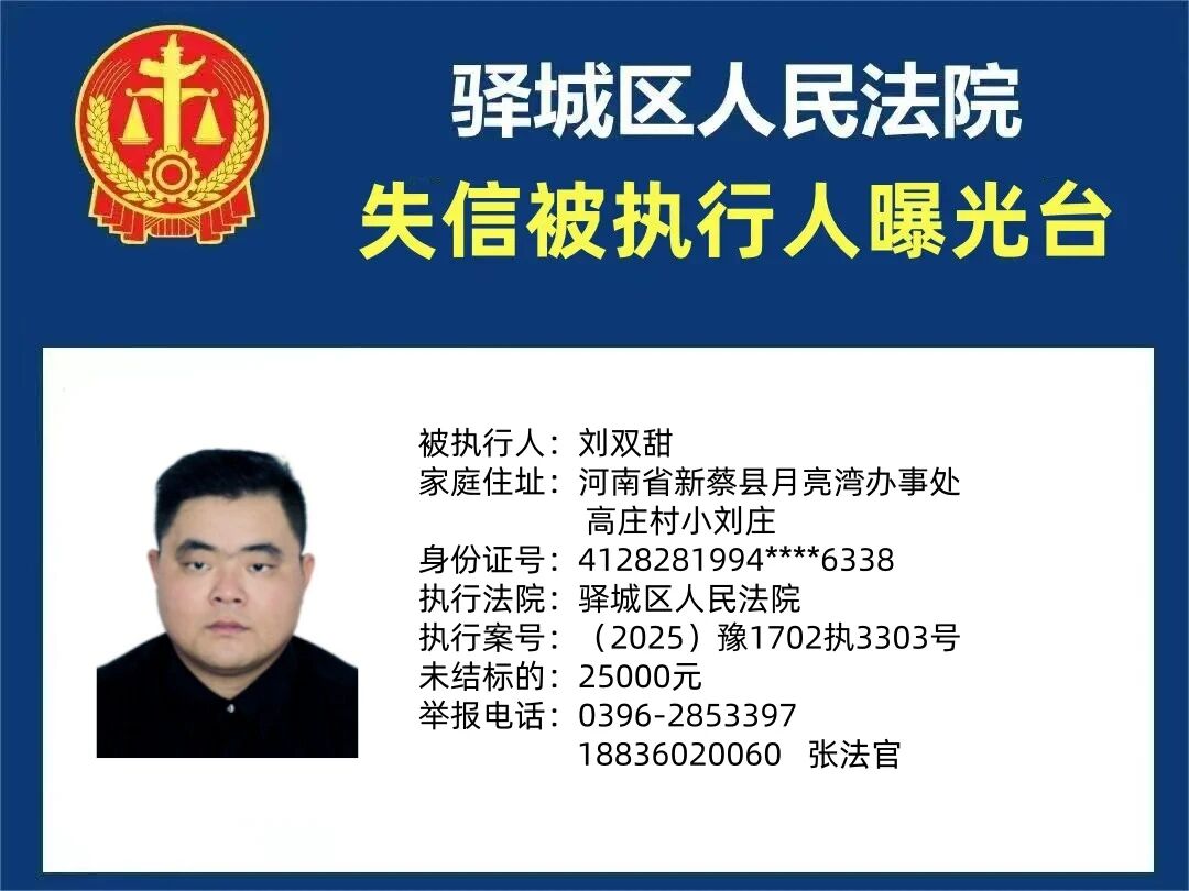 驛城區(qū)人民法院2025年“失信”被執(zhí)行人曝光臺第三期