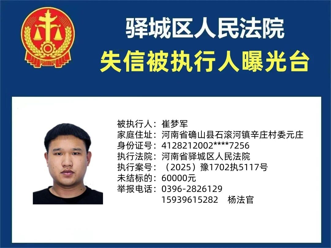 驛城區(qū)人民法院2025年“失信”被執(zhí)行人曝光臺(tái)第五期