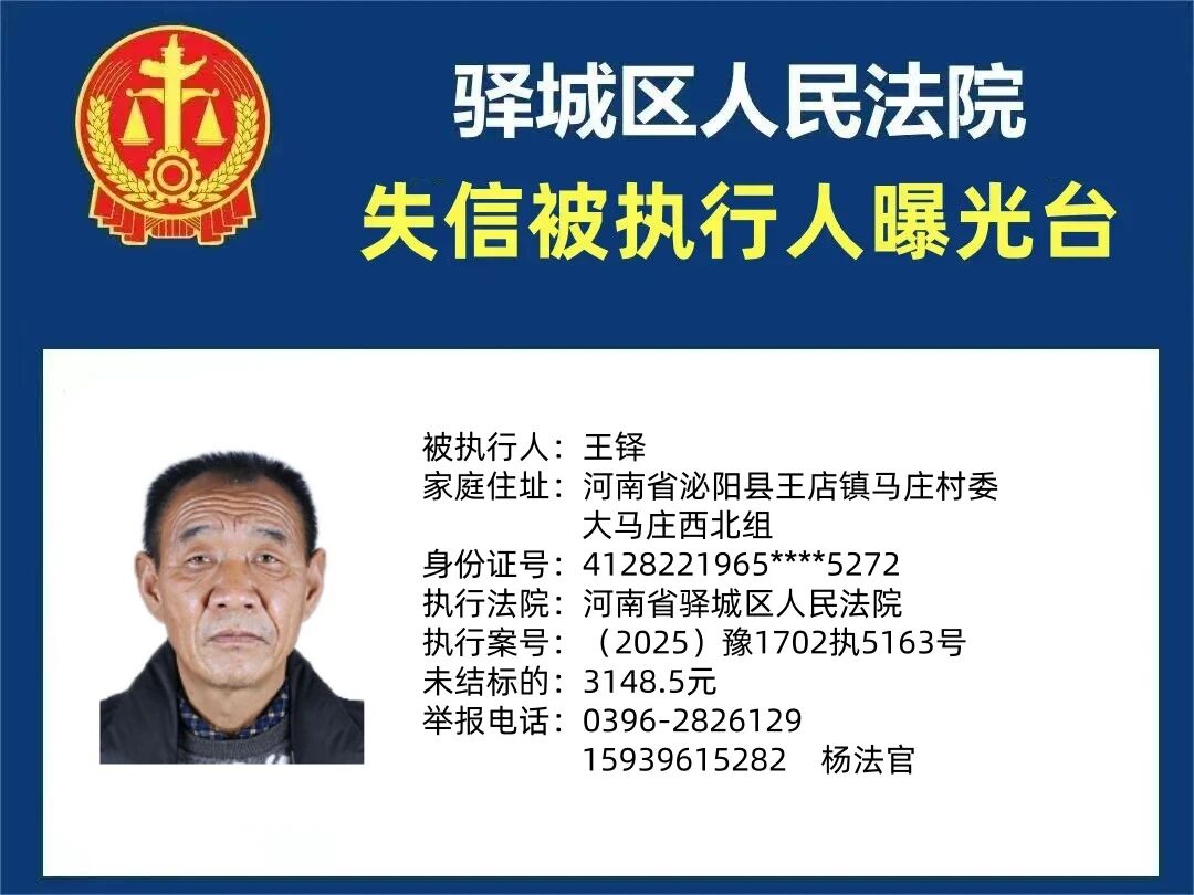 驛城區(qū)人民法院2025年“失信”被執(zhí)行人曝光臺(tái)第五期